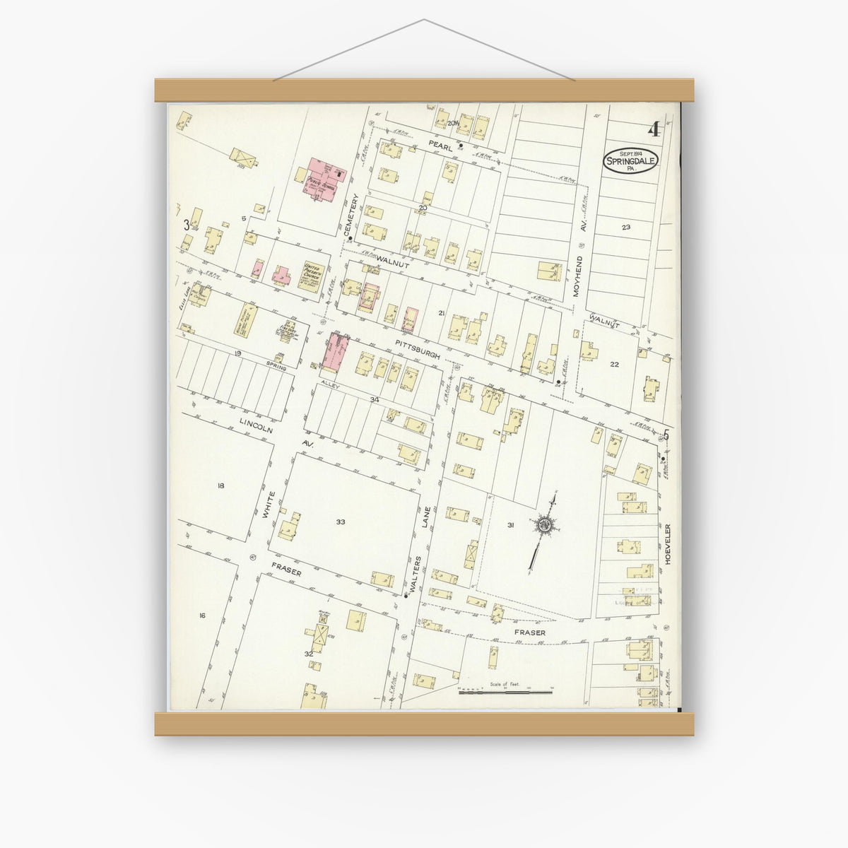 Old map wall art mockup — magnetic wood frame on white wall — Sanborn Fire Insurance Map from Springdale, Allegheny County, Pennsylvania (1914), Sheet #0004