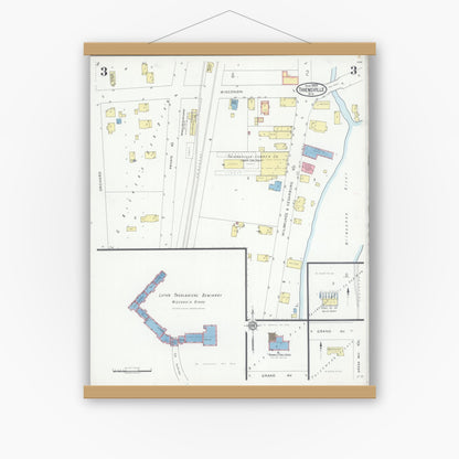 Old map wall art mockup — magnetic wood frame on white wall — Sanborn Fire Insurance Map from Thiensville, Ozaukee County, Wisconsin (1929), Sheet #0003