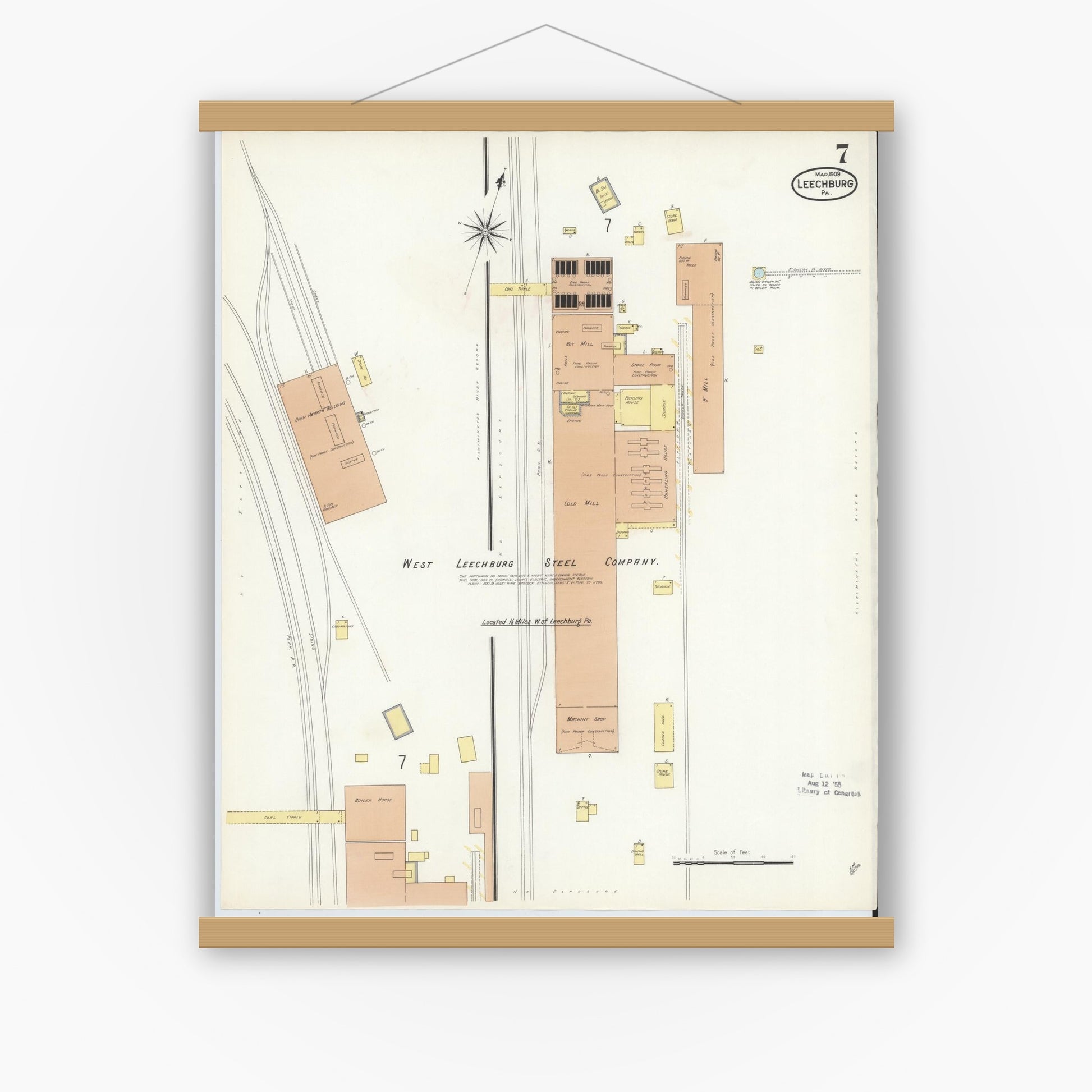 Old map wall art mockup — magnetic wood frame on white wall — Sanborn Fire Insurance Map from Leechburg, Armstrong County, Pennsylvania (1909), Sheet #0007