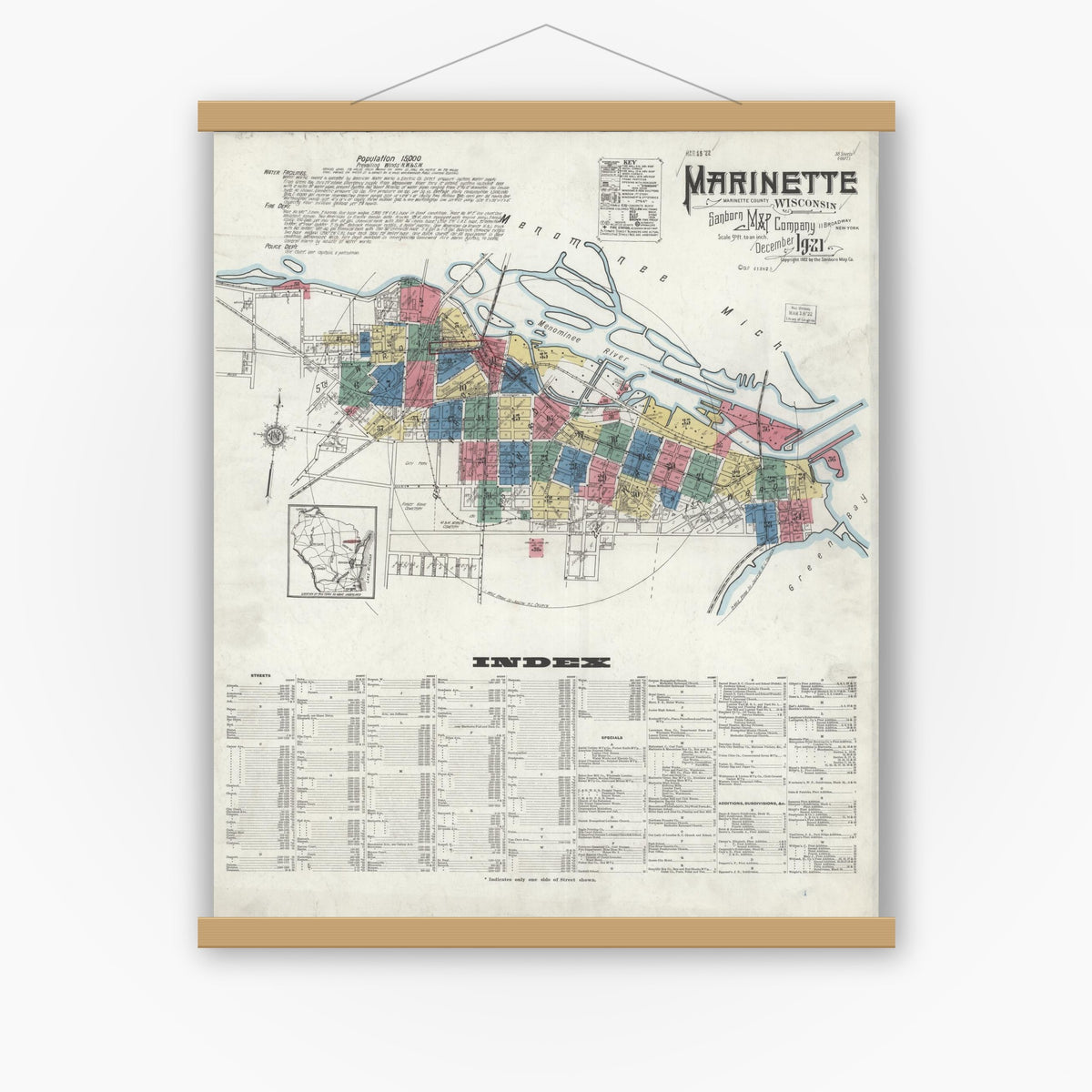 Old map wall art mockup — magnetic wood frame on white wall — Sanborn Fire Insurance Map from Marinette, Marinette County, Wisconsin (1921), Sheet #0001