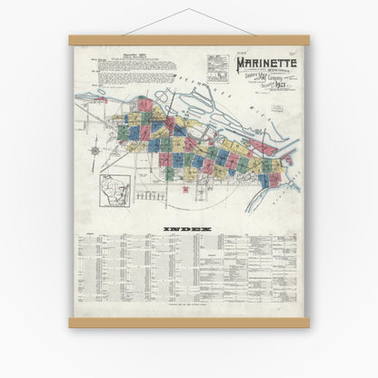 Old map wall art mockup — magnetic wood frame on white wall — Sanborn Fire Insurance Map from Marinette, Marinette County, Wisconsin (1921), Sheet #0001