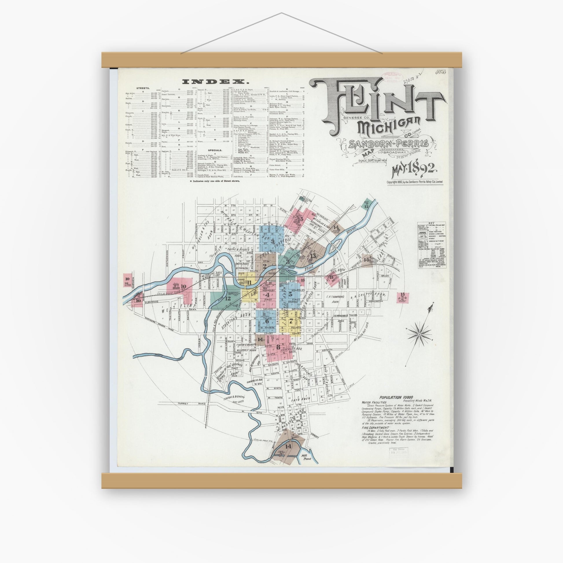 Old map wall art mockup — magnetic wood frame on white wall — Sanborn Fire Insurance Map from Flint, Genesee County, Michigan (1892), Sheet #0001