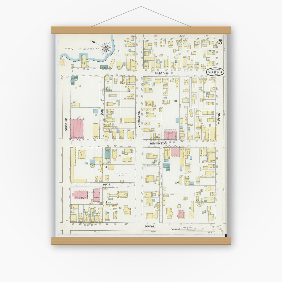 Old map wall art mockup — magnetic wood frame on white wall — Sanborn Fire Insurance Map from Key West, Monroe County, Florida (1892), Sheet #0005