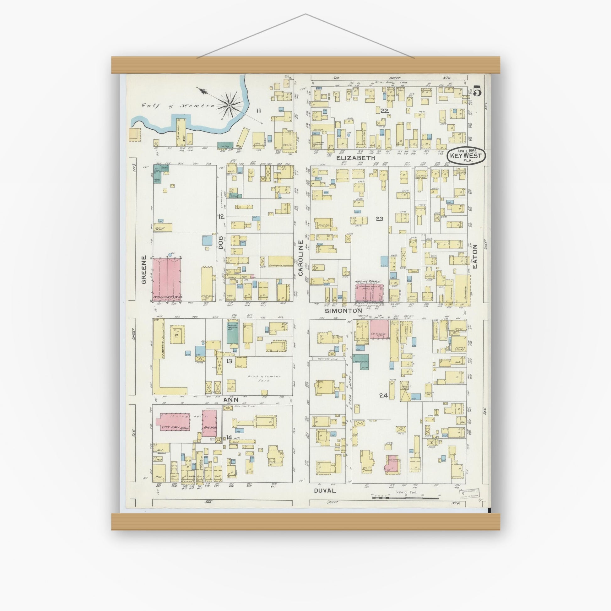Old map wall art mockup — magnetic wood frame on white wall — Sanborn Fire Insurance Map from Key West, Monroe County, Florida (1892), Sheet #0005