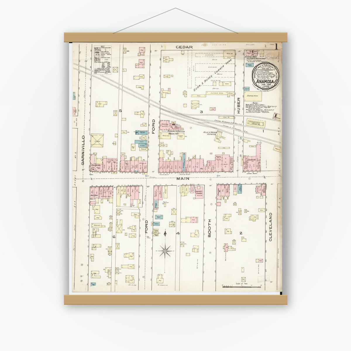 Old map wall art mockup — magnetic wood frame on white wall — Sanborn Fire Insurance Map from Anamosa, Jones County, Iowa (1886), Sheet #0001