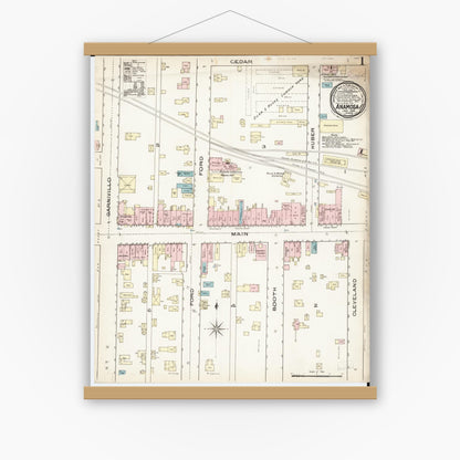 Old map wall art mockup — magnetic wood frame on white wall — Sanborn Fire Insurance Map from Anamosa, Jones County, Iowa (1886), Sheet #0001