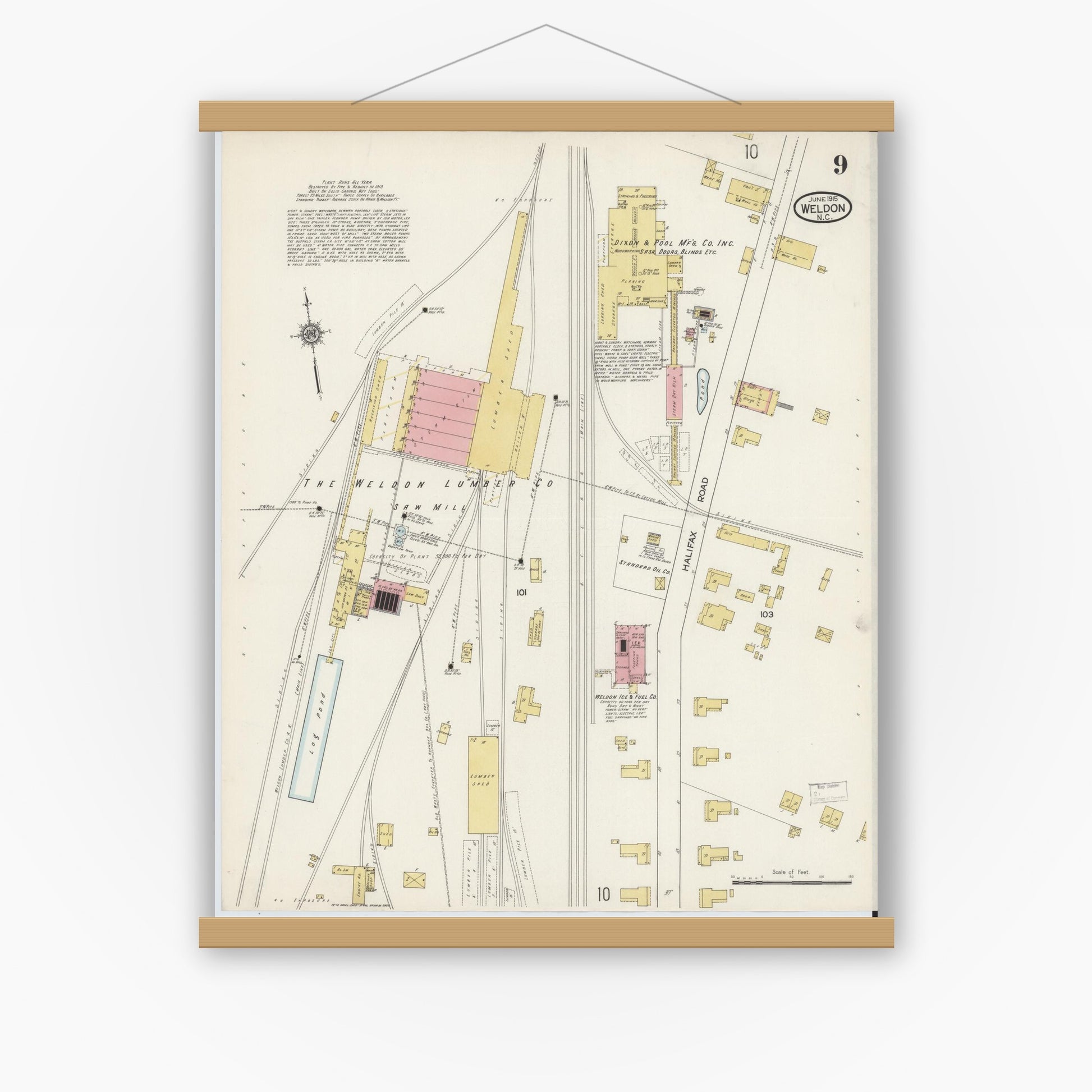 Old map wall art mockup — magnetic wood frame on white wall — Sanborn Fire Insurance Map from Weldon, Halifax County, North Carolina (1915), Sheet #0009