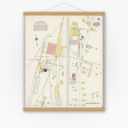 Old map wall art mockup — magnetic wood frame on white wall — Sanborn Fire Insurance Map from Weldon, Halifax County, North Carolina (1915), Sheet #0009