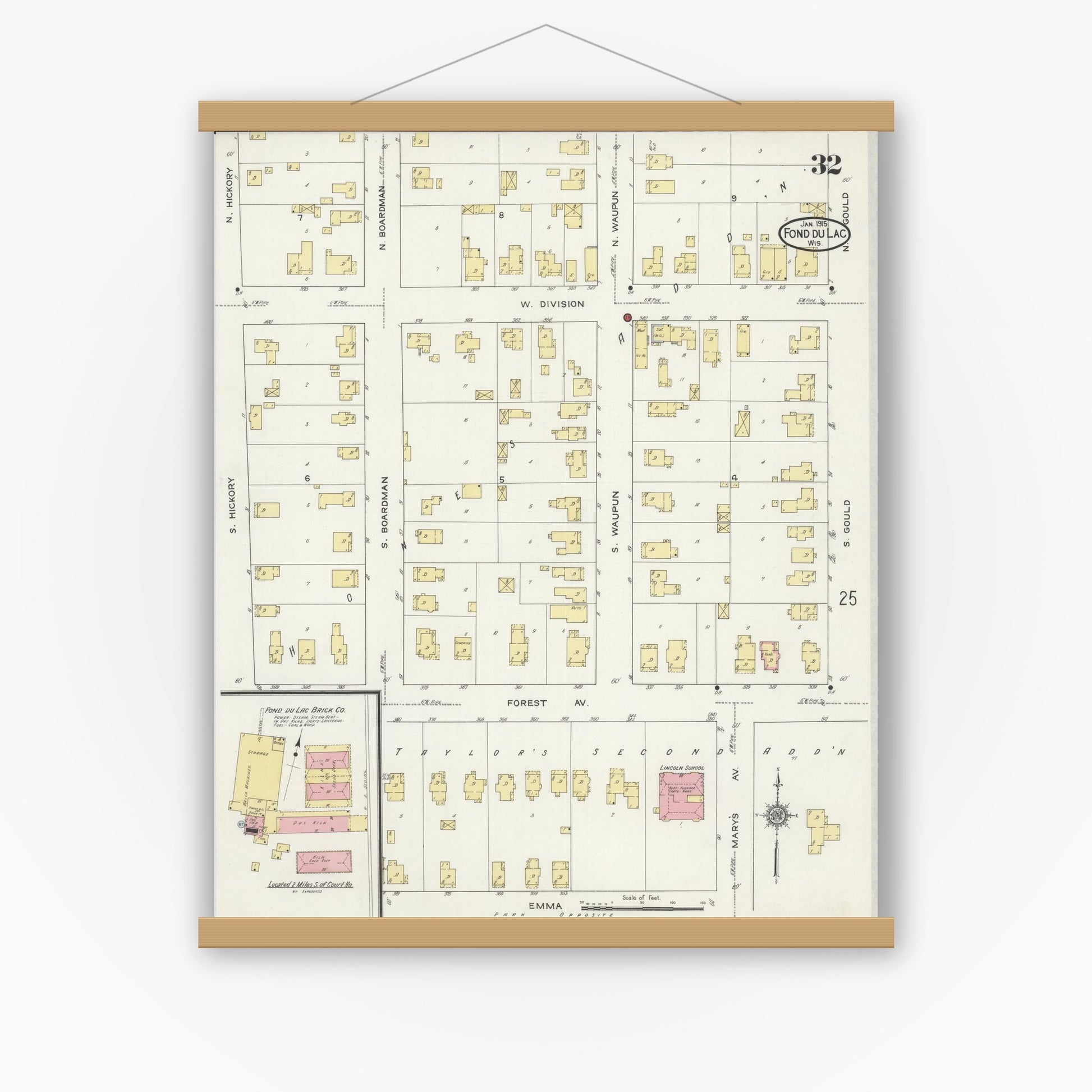 Old map wall art mockup — magnetic wood frame on white wall — Sanborn Fire Insurance Map from Fond du Lac, Fond du Lac County, Wisconsin (1915), Sheet #0032