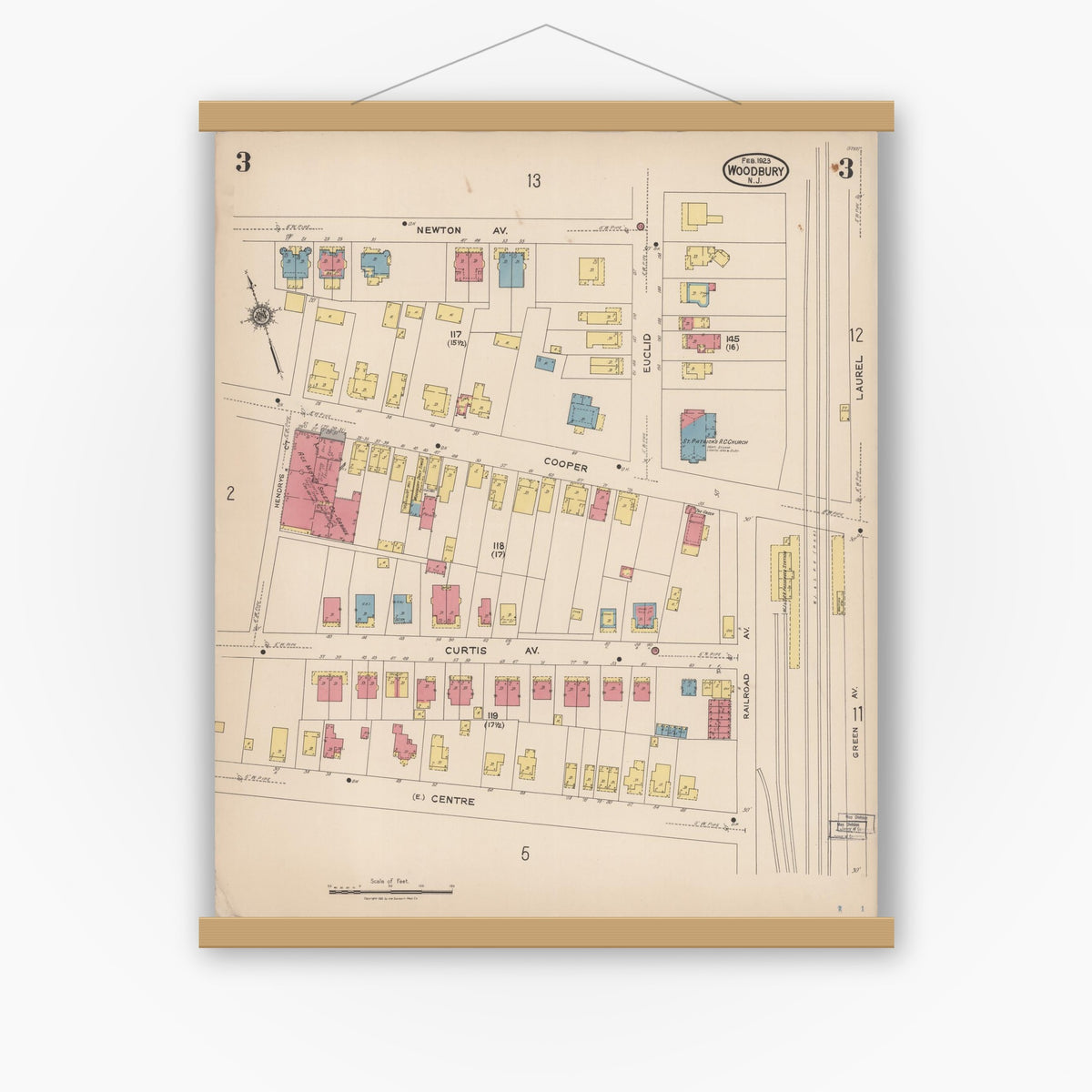 Old map wall art mockup — magnetic wood frame on white wall — Sanborn Fire Insurance Map from Woodbury, Gloucester County, New Jersey (1923), Sheet #0003