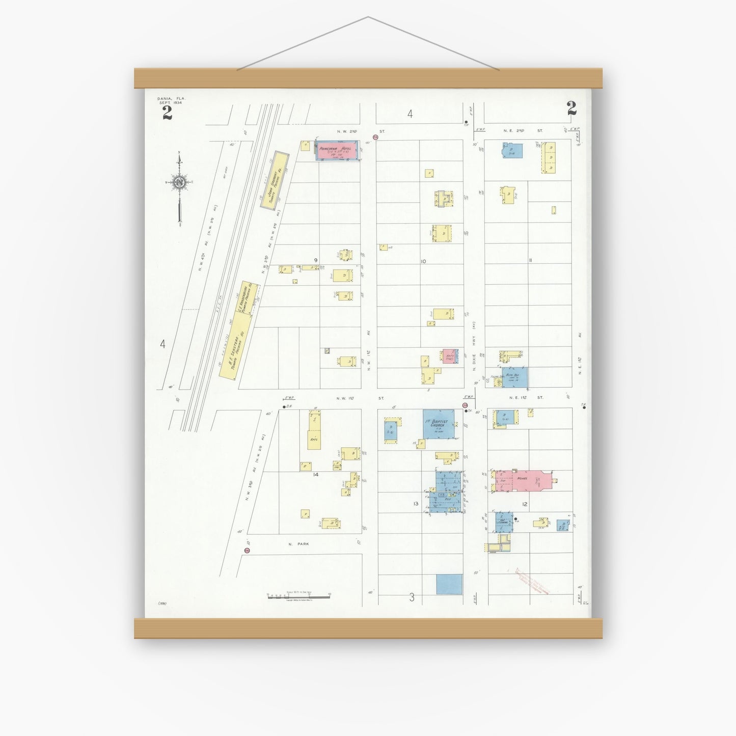 Old map wall art mockup — magnetic wood frame on white wall — Sanborn Fire Insurance Map from Dania, Broward County, Florida (1934), Sheet #0002