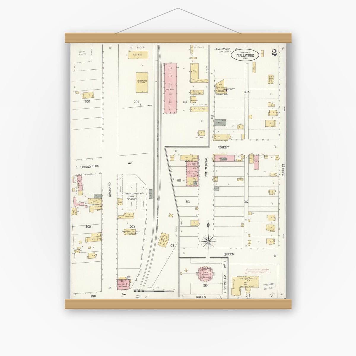 Old map wall art mockup — magnetic wood frame on white wall — Sanborn Fire Insurance Map from Inglewood, Los Angeles County, California (1907), Sheet #0002