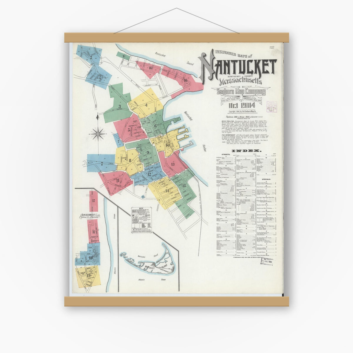 Old map wall art mockup — magnetic wood frame on white wall — Sanborn Fire Insurance Map from Nantucket, Nantucket County, Massachusetts (1904) - Complete Map Set