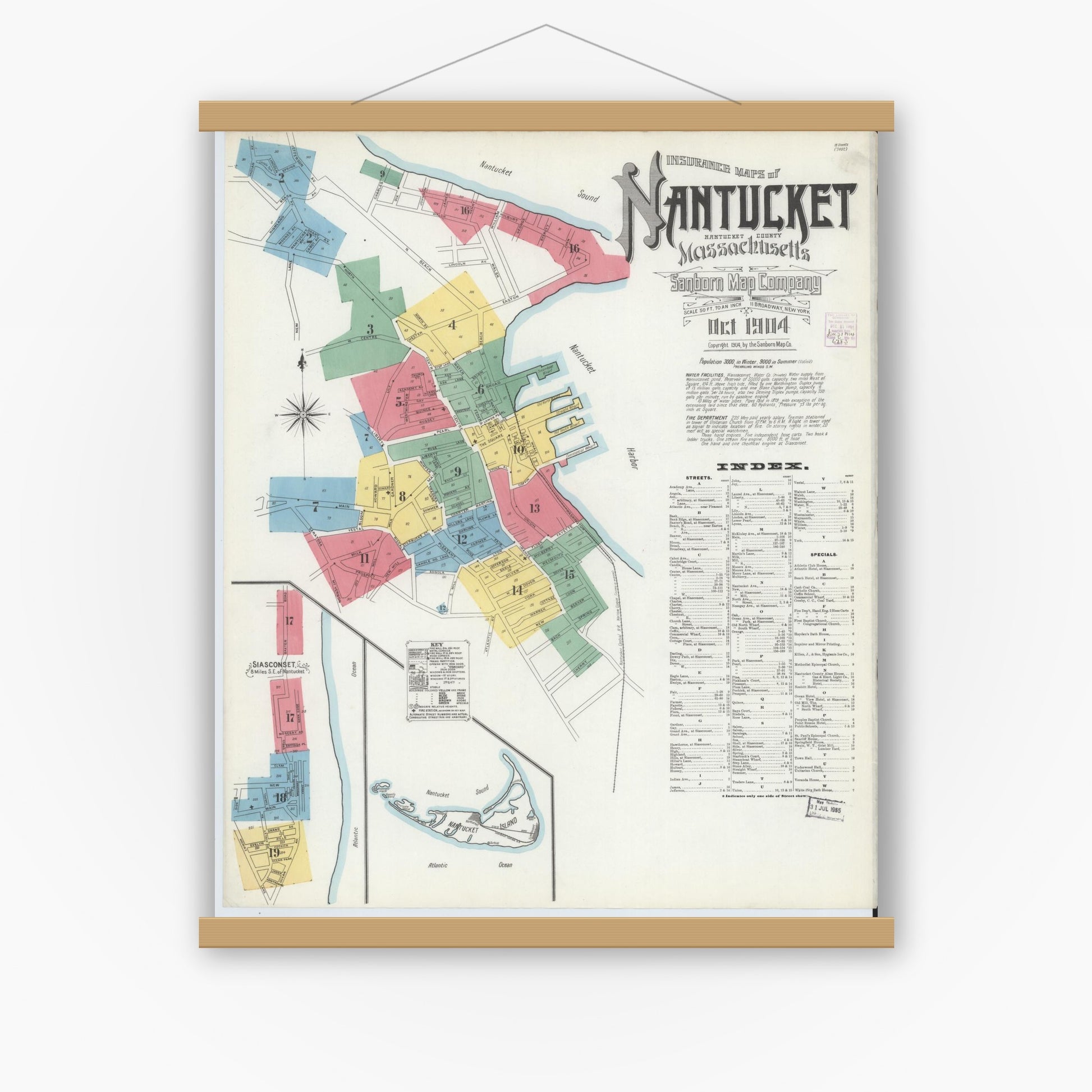 Old map wall art mockup — magnetic wood frame on white wall — Sanborn Fire Insurance Map from Nantucket, Nantucket County, Massachusetts (1904) - Complete Map Set