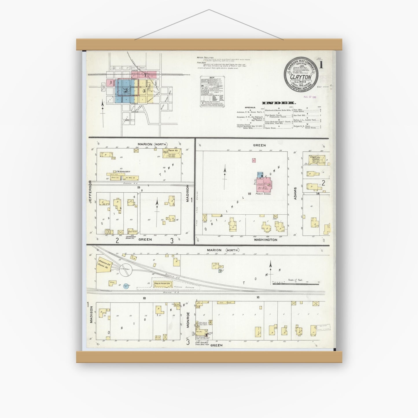 Old map wall art mockup — magnetic wood frame on white wall — Sanborn Fire Insurance Map from Clayton, Adams County, Illinois (1910), Sheet #0001