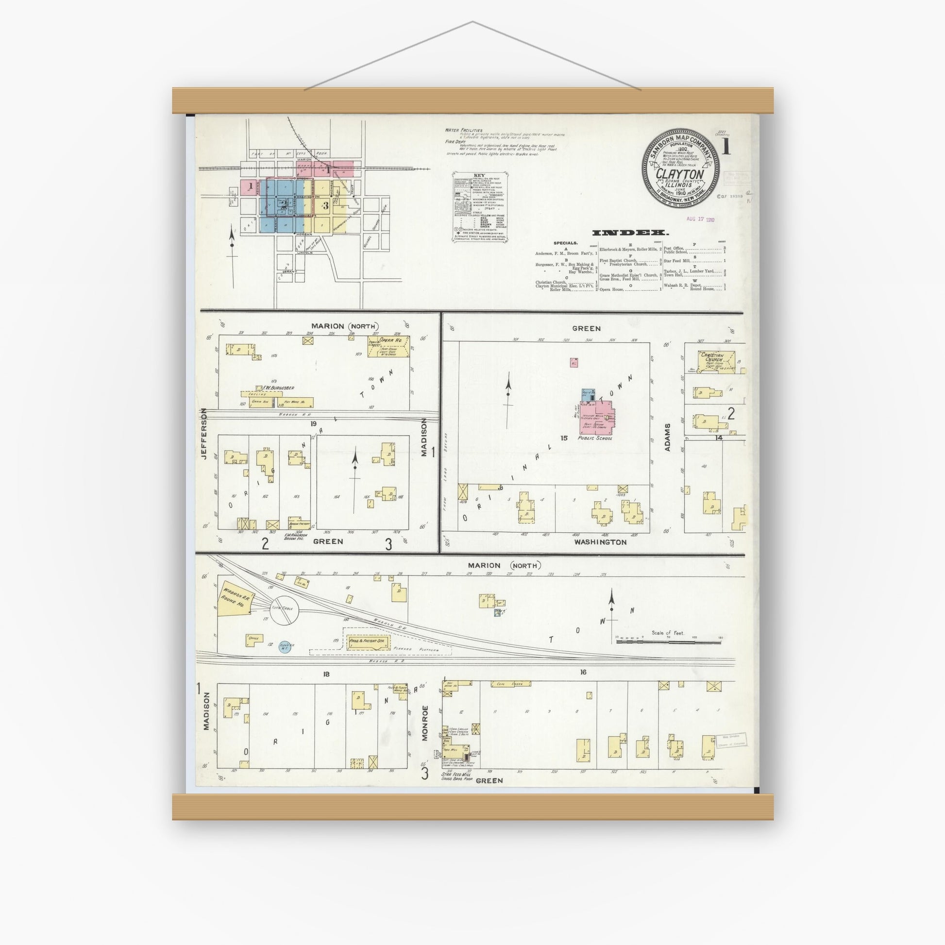 Old map wall art mockup — magnetic wood frame on white wall — Sanborn Fire Insurance Map from Clayton, Adams County, Illinois (1910), Sheet #0001