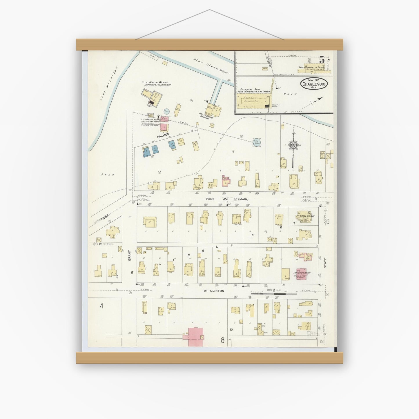 Old map wall art mockup — magnetic wood frame on white wall — Sanborn Fire Insurance Map from Charlevoix, Charlevoix County, Michigan (1912), Sheet #0005