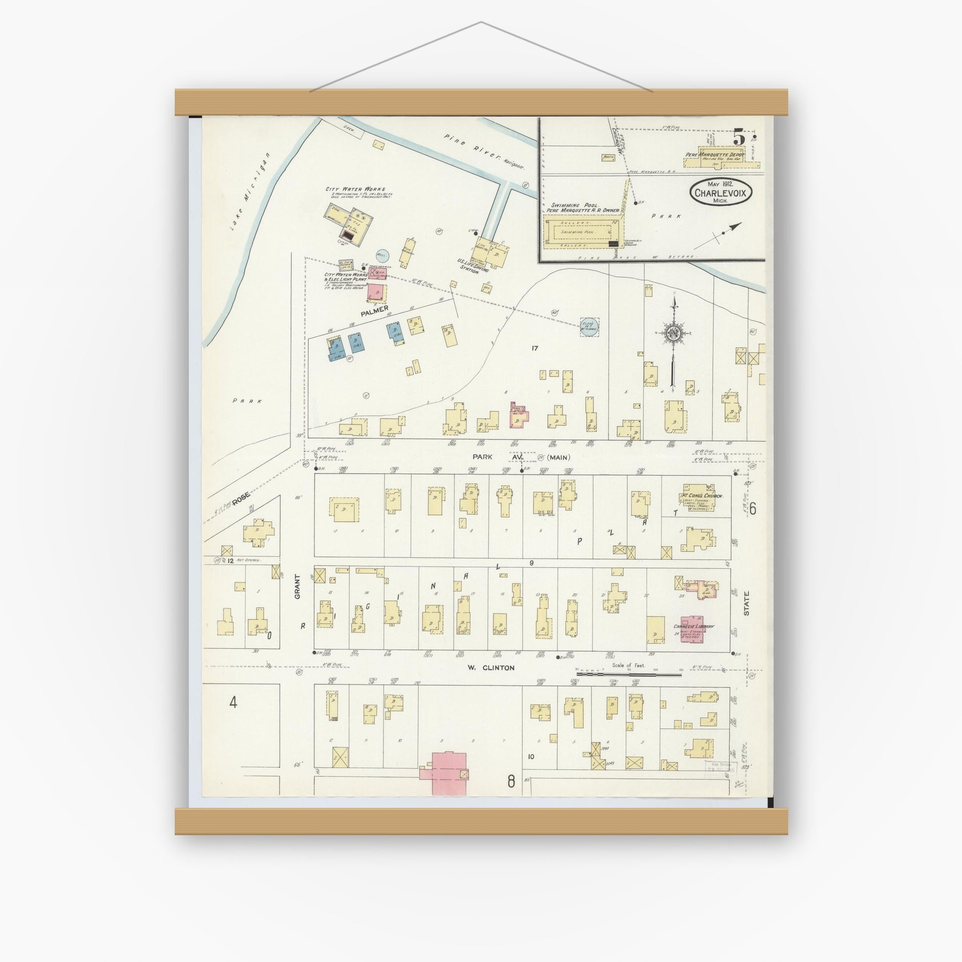 Old map wall art mockup — magnetic wood frame on white wall — Sanborn Fire Insurance Map from Charlevoix, Charlevoix County, Michigan (1912), Sheet #0005