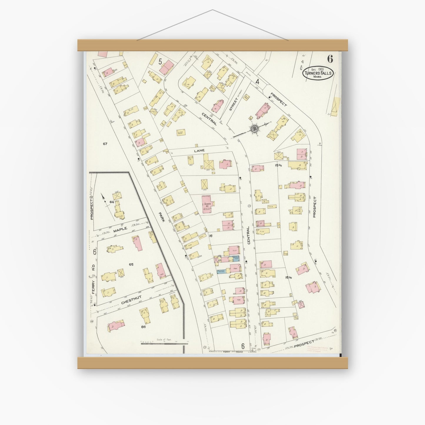 Old map wall art mockup — magnetic wood frame on white wall — Sanborn Fire Insurance Map from Turners Falls, Franklin County, Massachusetts (1909), Sheet #0006