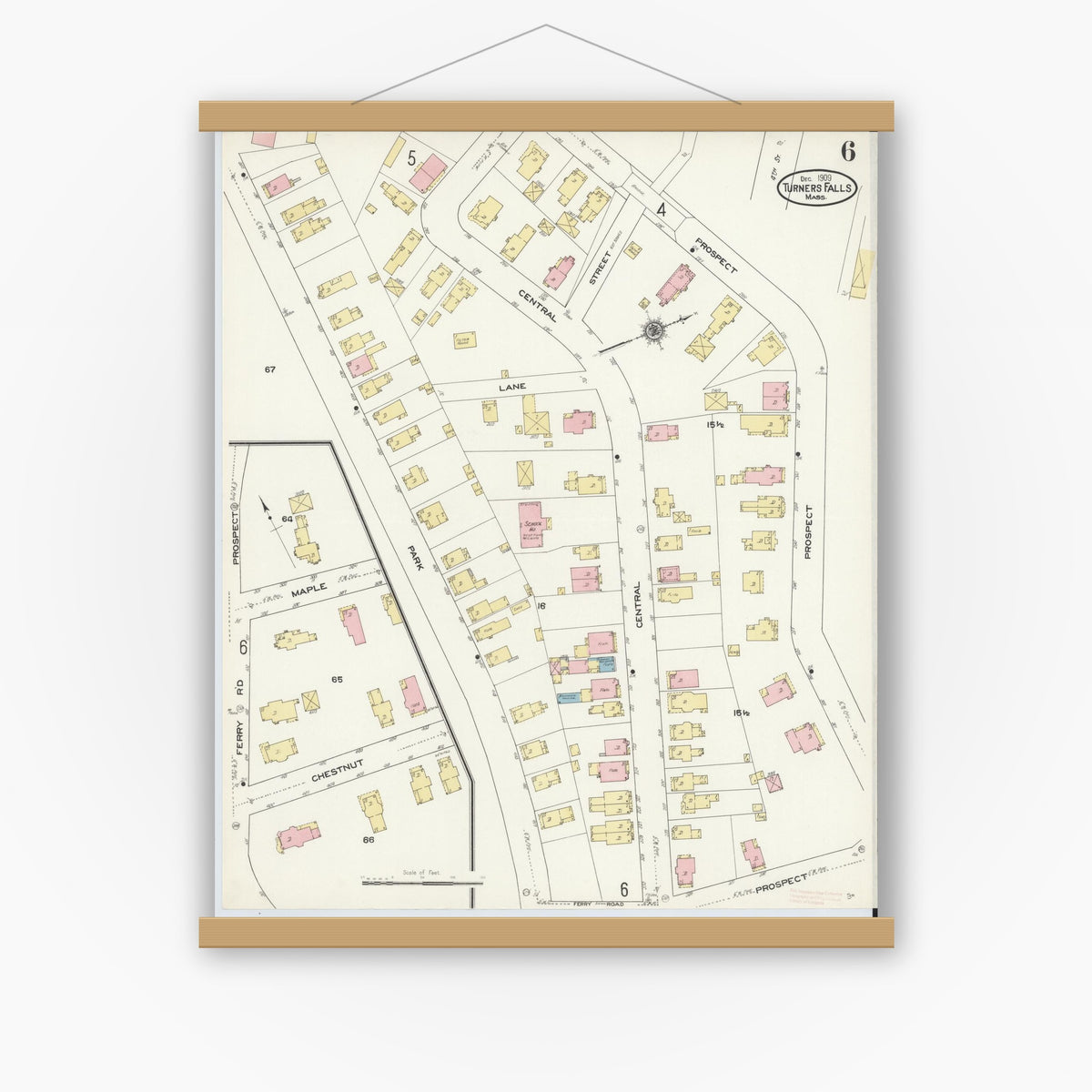 Old map wall art mockup — magnetic wood frame on white wall — Sanborn Fire Insurance Map from Turners Falls, Franklin County, Massachusetts (1909), Sheet #0006