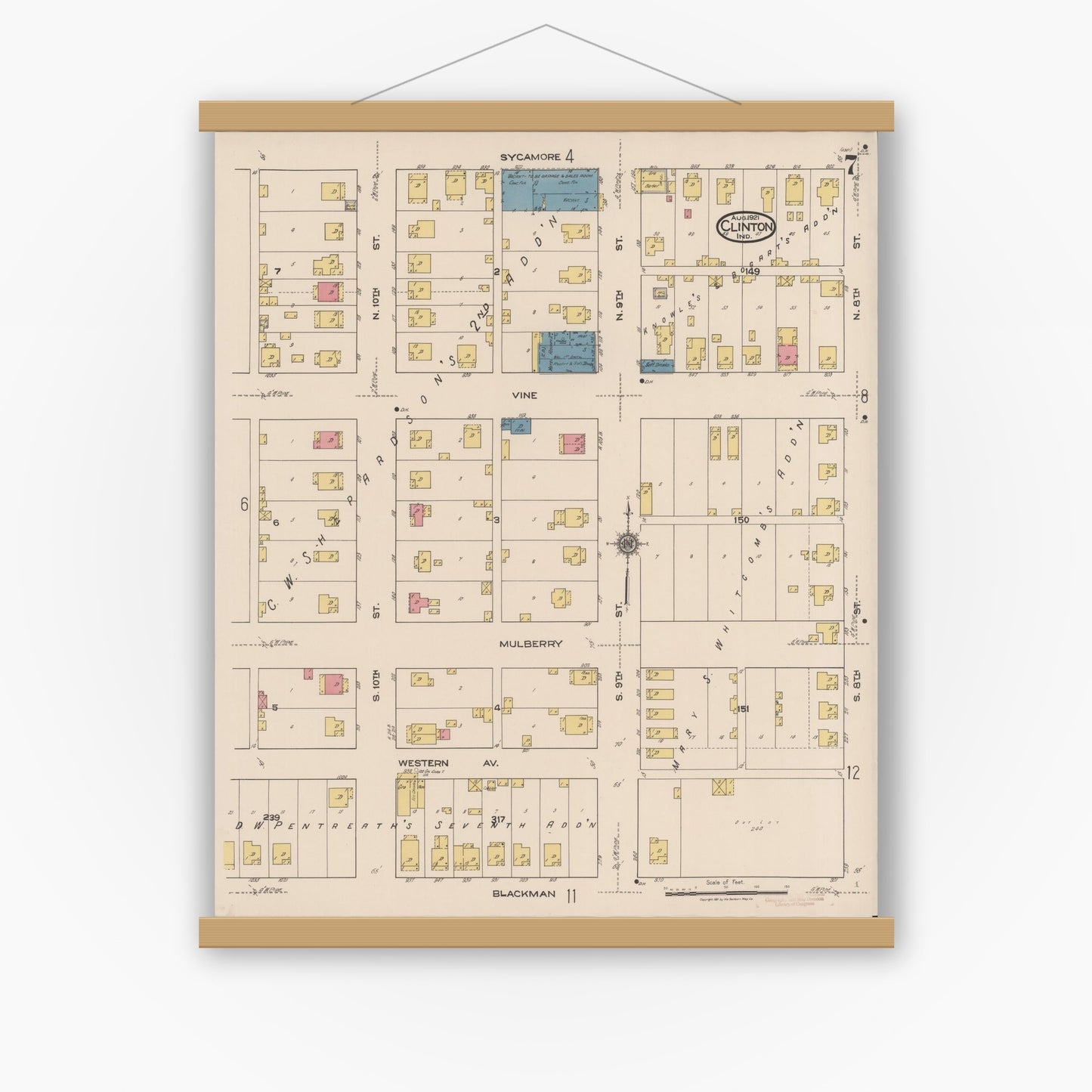 Old map wall art mockup — magnetic wood frame on white wall — Sanborn Fire Insurance Map from Clinton, Vermillion County, Indiana (1921), Sheet #0007