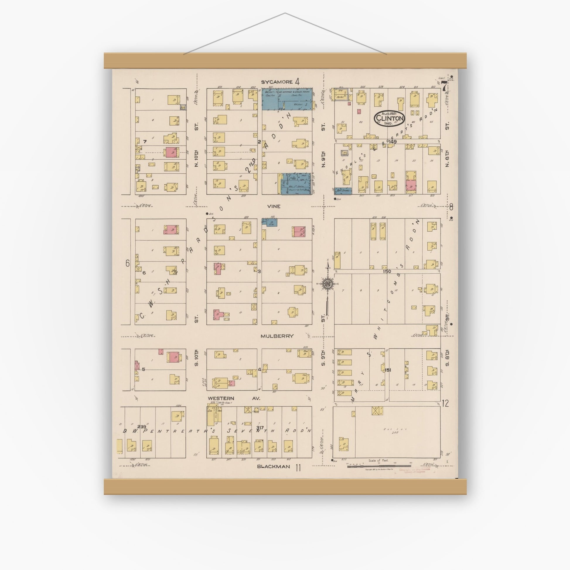 Old map wall art mockup — magnetic wood frame on white wall — Sanborn Fire Insurance Map from Clinton, Vermillion County, Indiana (1921), Sheet #0007