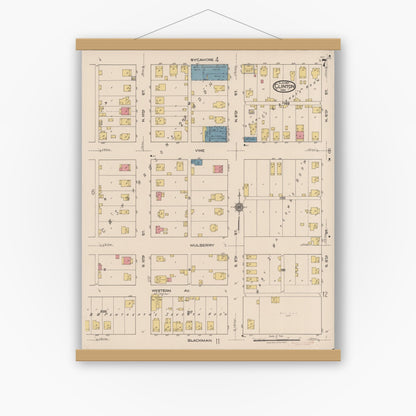 Old map wall art mockup — magnetic wood frame on white wall — Sanborn Fire Insurance Map from Clinton, Vermillion County, Indiana (1921), Sheet #0007