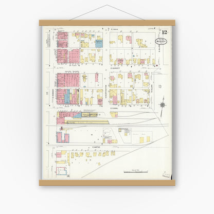 Old map wall art mockup — magnetic wood frame on white wall — Sanborn Fire Insurance Map from Wabash, Wabash County, Indiana (1910), Sheet #0012