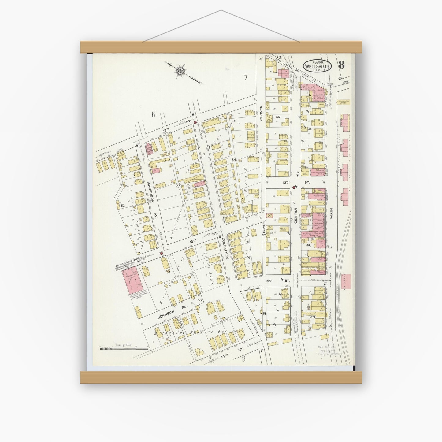 Old map wall art mockup — magnetic wood frame on white wall — Sanborn Fire Insurance Map from Wellsville, Columbiana County, Ohio (1915), Sheet #0008