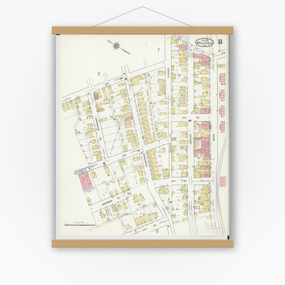 Old map wall art mockup — magnetic wood frame on white wall — Sanborn Fire Insurance Map from Wellsville, Columbiana County, Ohio (1915), Sheet #0008