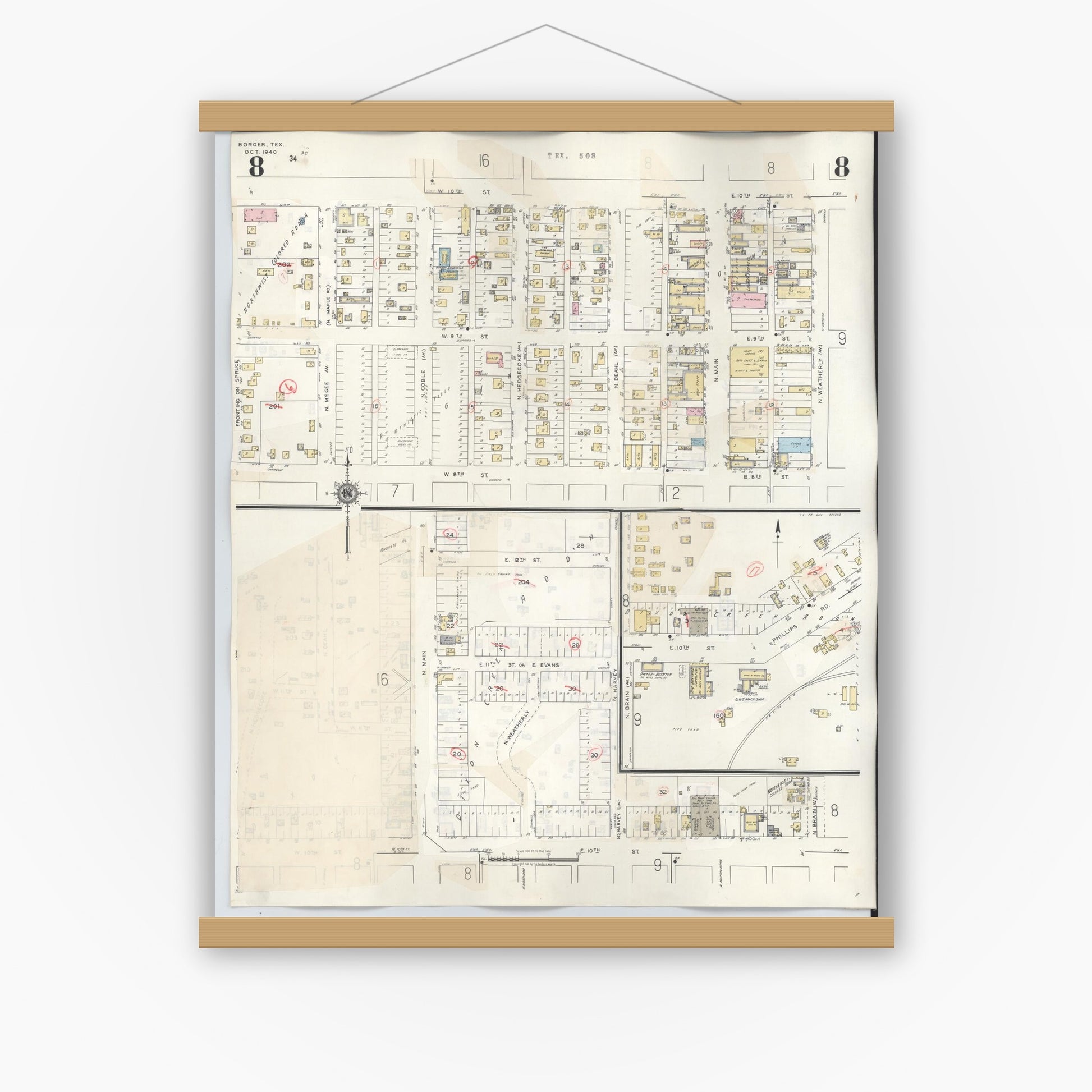 Old map wall art mockup — magnetic wood frame on white wall — Sanborn Fire Insurance Map from Borger, Hutchinson County, Texas (1950), Sheet #0008