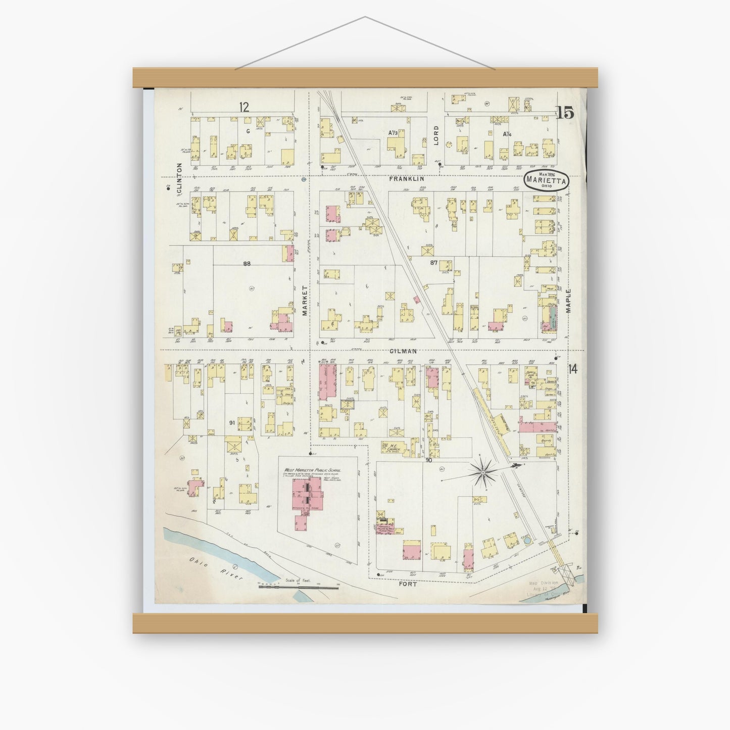 Old map wall art mockup — magnetic wood frame on white wall — Sanborn Fire Insurance Map from Marietta, Washington County, Ohio (1896), Sheet #0015