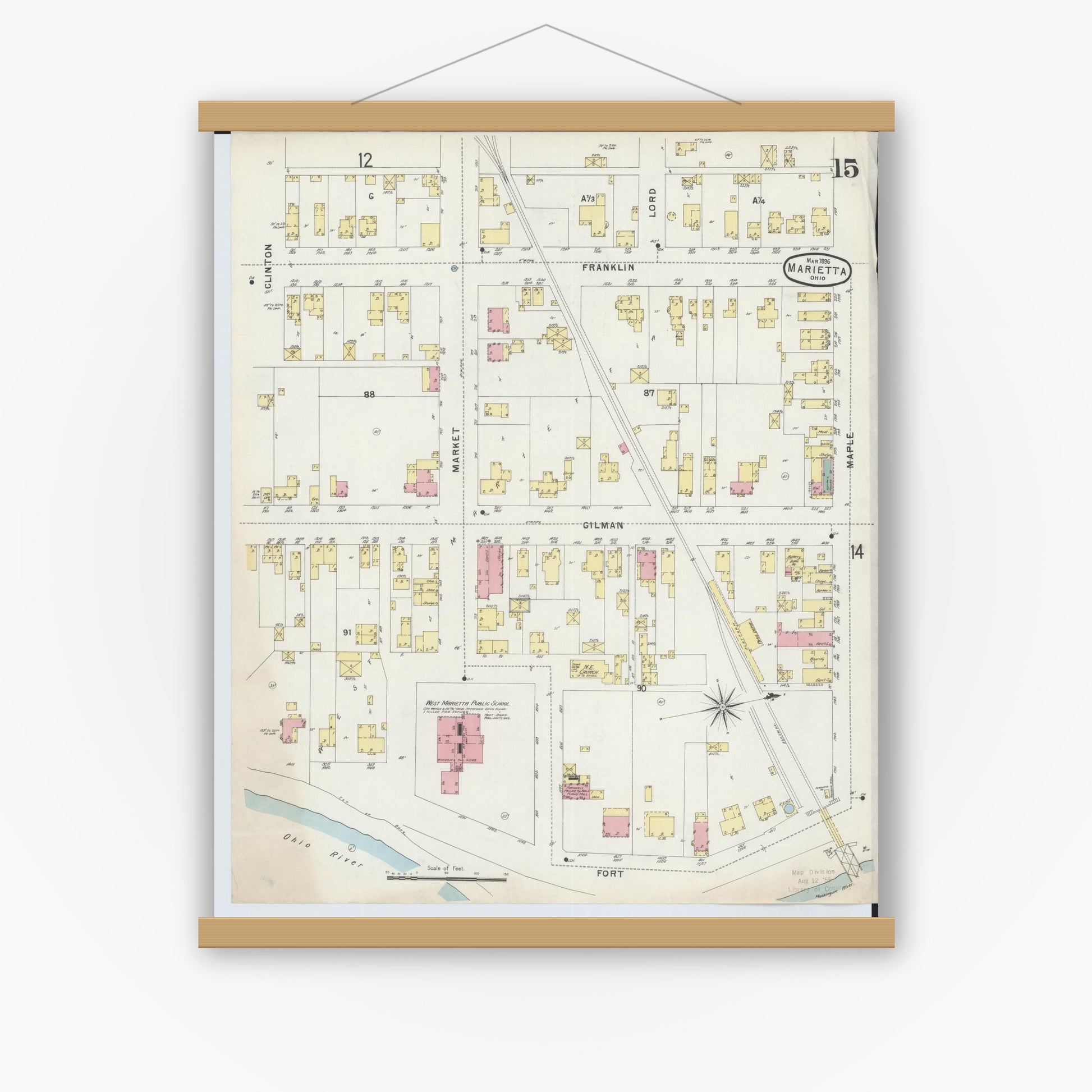 Old map wall art mockup — magnetic wood frame on white wall — Sanborn Fire Insurance Map from Marietta, Washington County, Ohio (1896), Sheet #0015