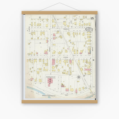 Old map wall art mockup — magnetic wood frame on white wall — Sanborn Fire Insurance Map from Marietta, Washington County, Ohio (1896), Sheet #0015