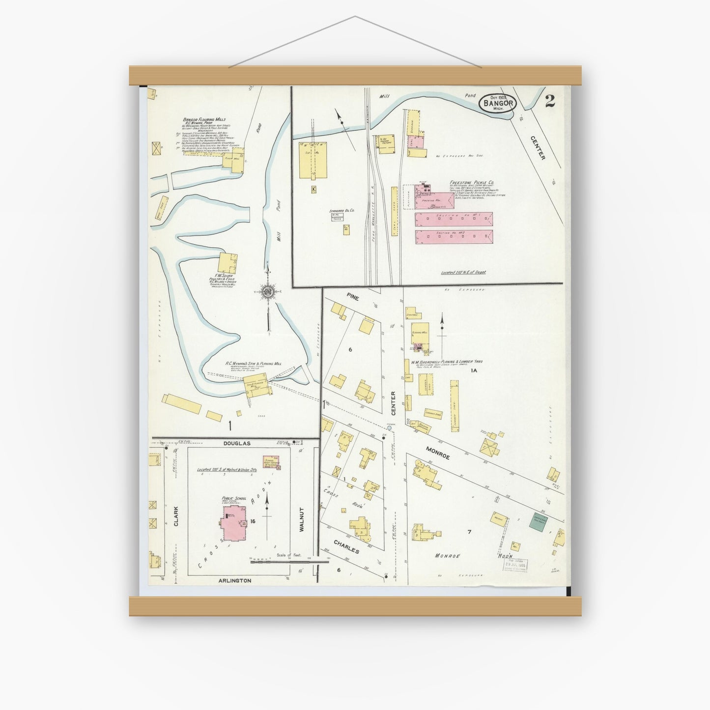 Old map wall art mockup — magnetic wood frame on white wall — Sanborn Fire Insurance Map from Bangor, Van Buren County, Michigan (1909), Sheet #0002