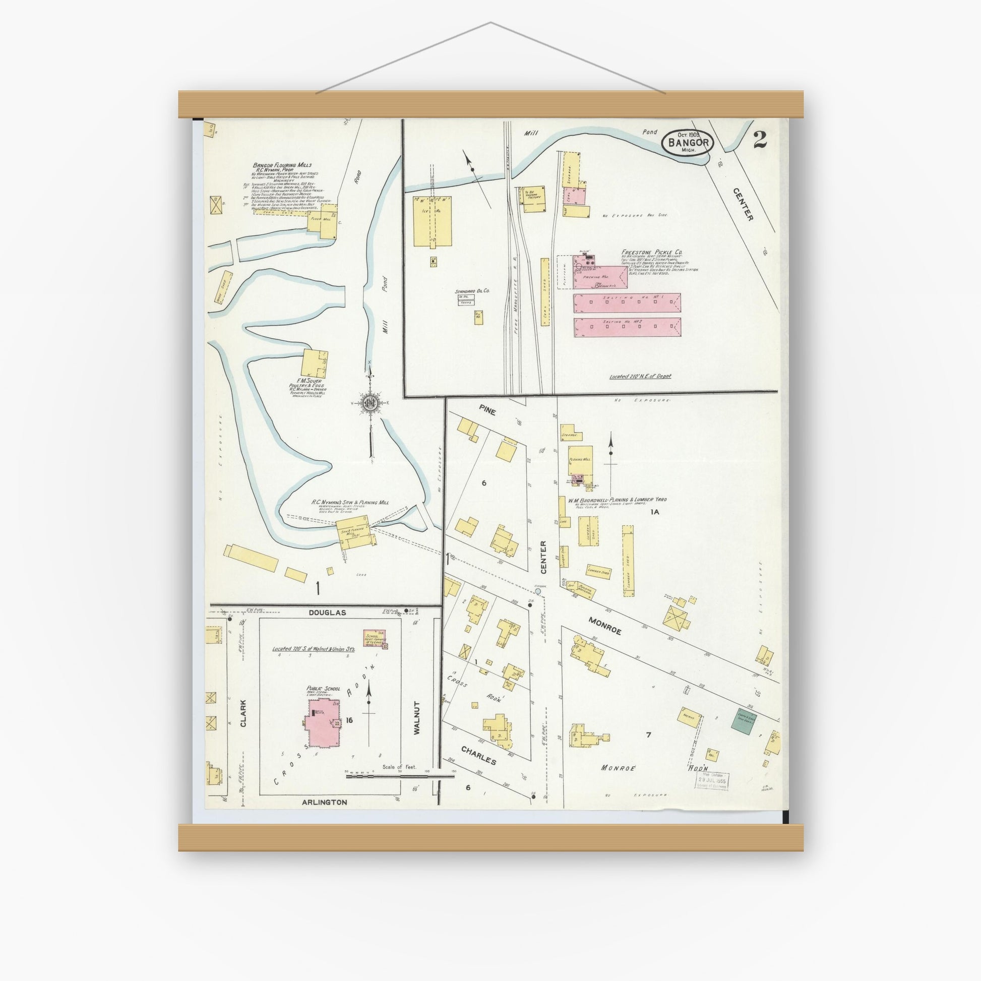Old map wall art mockup — magnetic wood frame on white wall — Sanborn Fire Insurance Map from Bangor, Van Buren County, Michigan (1909), Sheet #0002