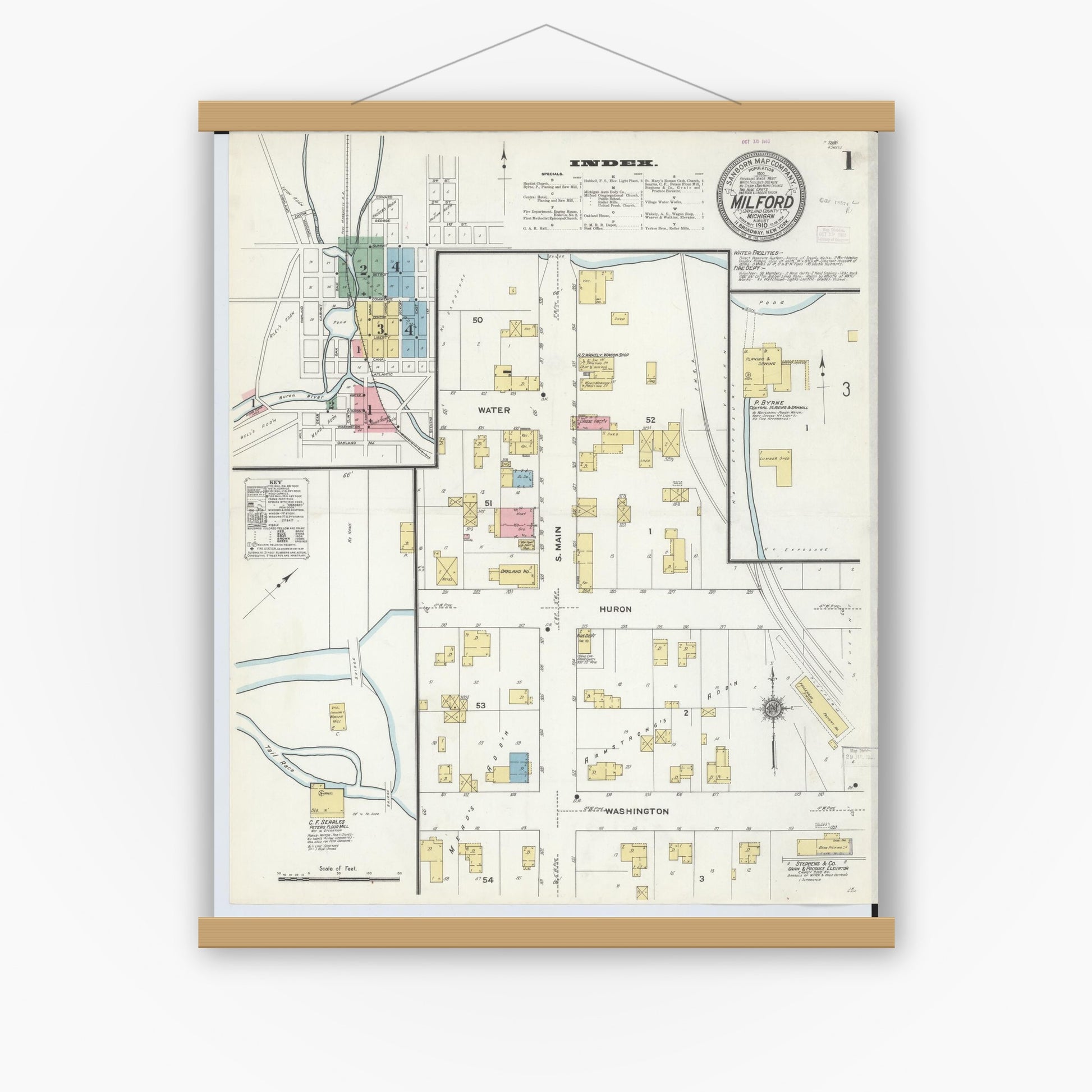 Old map wall art mockup — magnetic wood frame on white wall — Sanborn Fire Insurance Map from Milford, Oakland County, Michigan (1910) - Complete Map Set