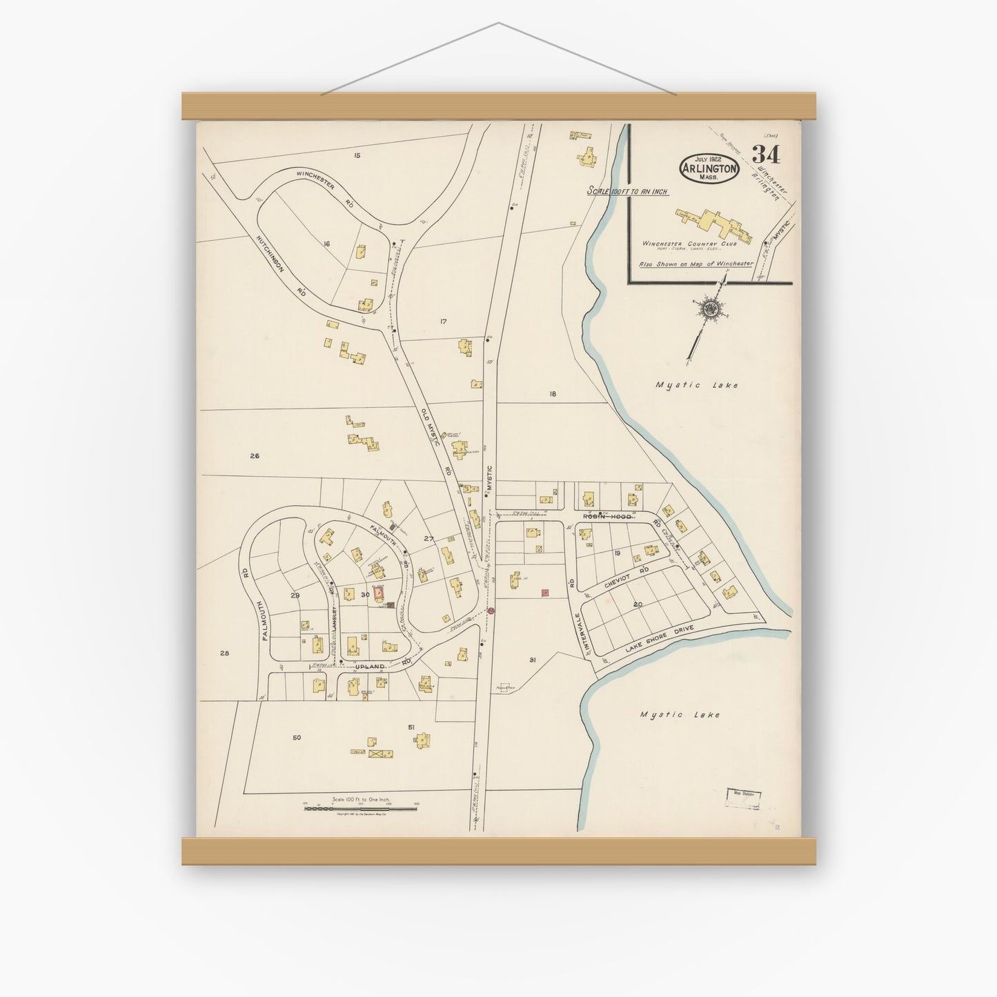 Old map wall art mockup — magnetic wood frame on white wall — Sanborn Fire Insurance Map from Arlington, Middlesex County, Massachusetts (1922), Sheet #0034