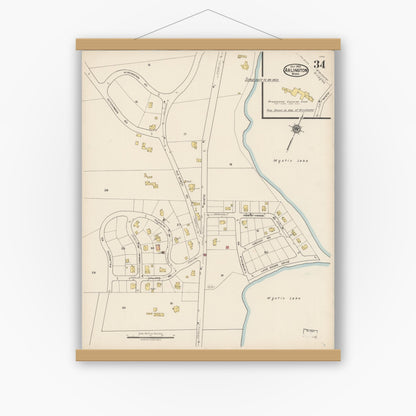 Old map wall art mockup — magnetic wood frame on white wall — Sanborn Fire Insurance Map from Arlington, Middlesex County, Massachusetts (1922), Sheet #0034