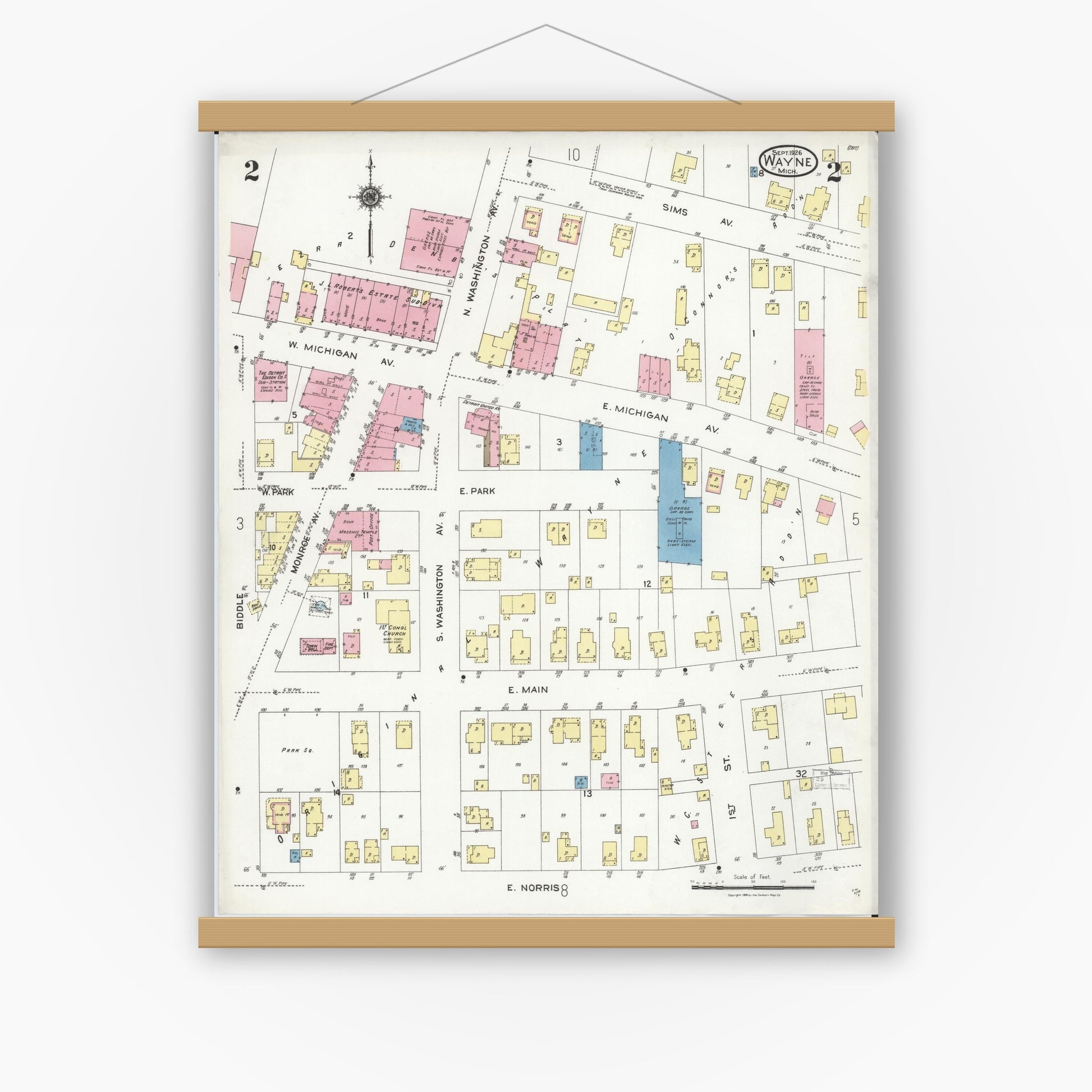 Old map wall art mockup — magnetic wood frame on white wall — Sanborn Fire Insurance Map from Wayne, Wayne County, Michigan (1926), Sheet #0002
