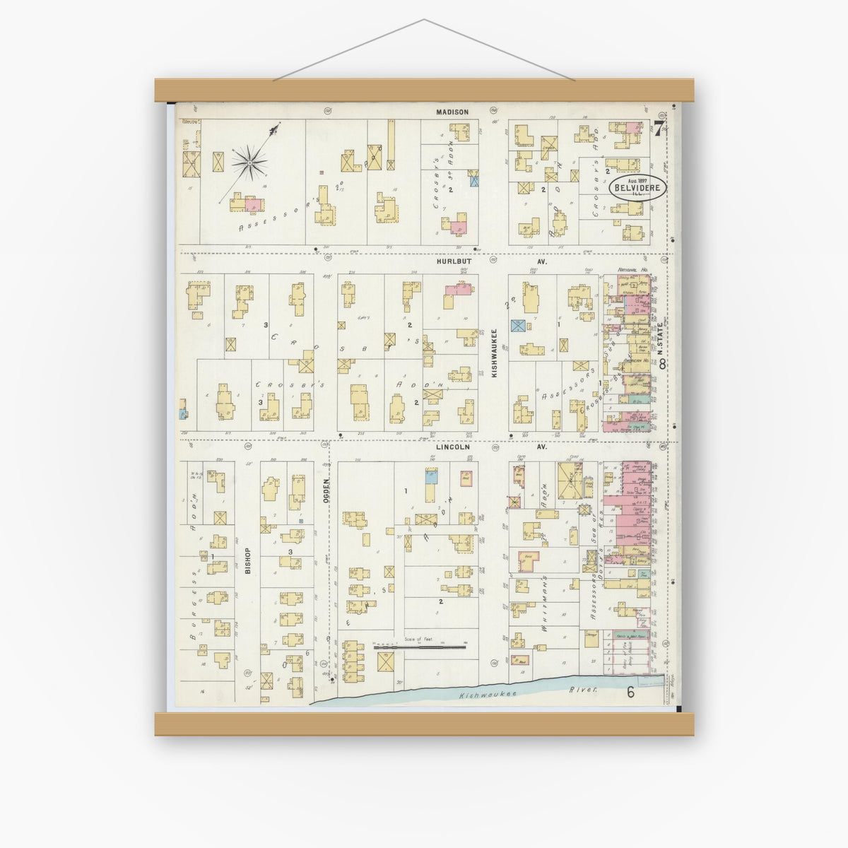 Old map wall art mockup — magnetic wood frame on white wall — Sanborn Fire Insurance Map from Belvidere, Boone County, Illinois (1897), Sheet #0007