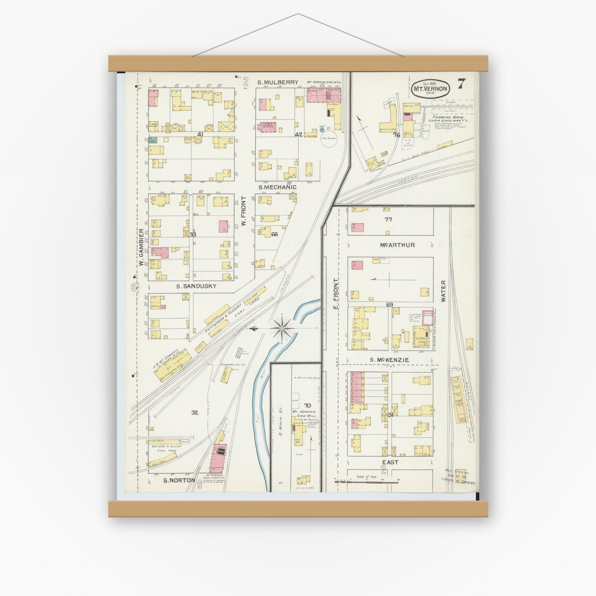 Old map wall art mockup — magnetic wood frame on white wall — Sanborn Fire Insurance Map from Mount Vernon, Knox County, Ohio (1892), Sheet #0007