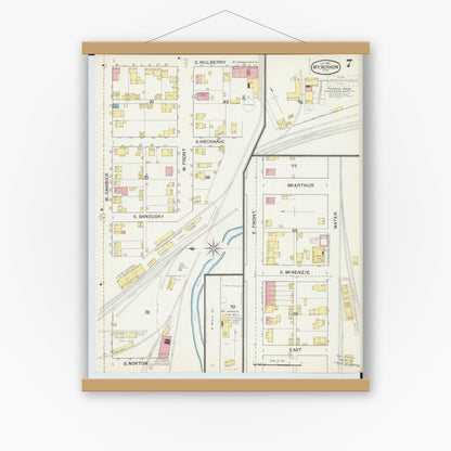 Old map wall art mockup — magnetic wood frame on white wall — Sanborn Fire Insurance Map from Mount Vernon, Knox County, Ohio (1892), Sheet #0007