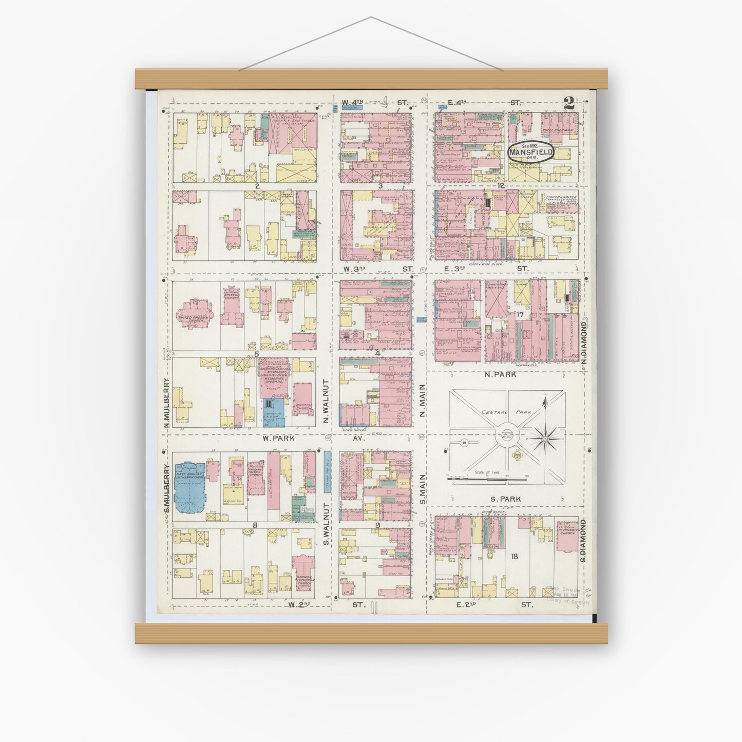 Old map wall art mockup — magnetic wood frame on white wall — Sanborn Fire Insurance Map from Mansfield, Richland County, Ohio (1892), Sheet #0002