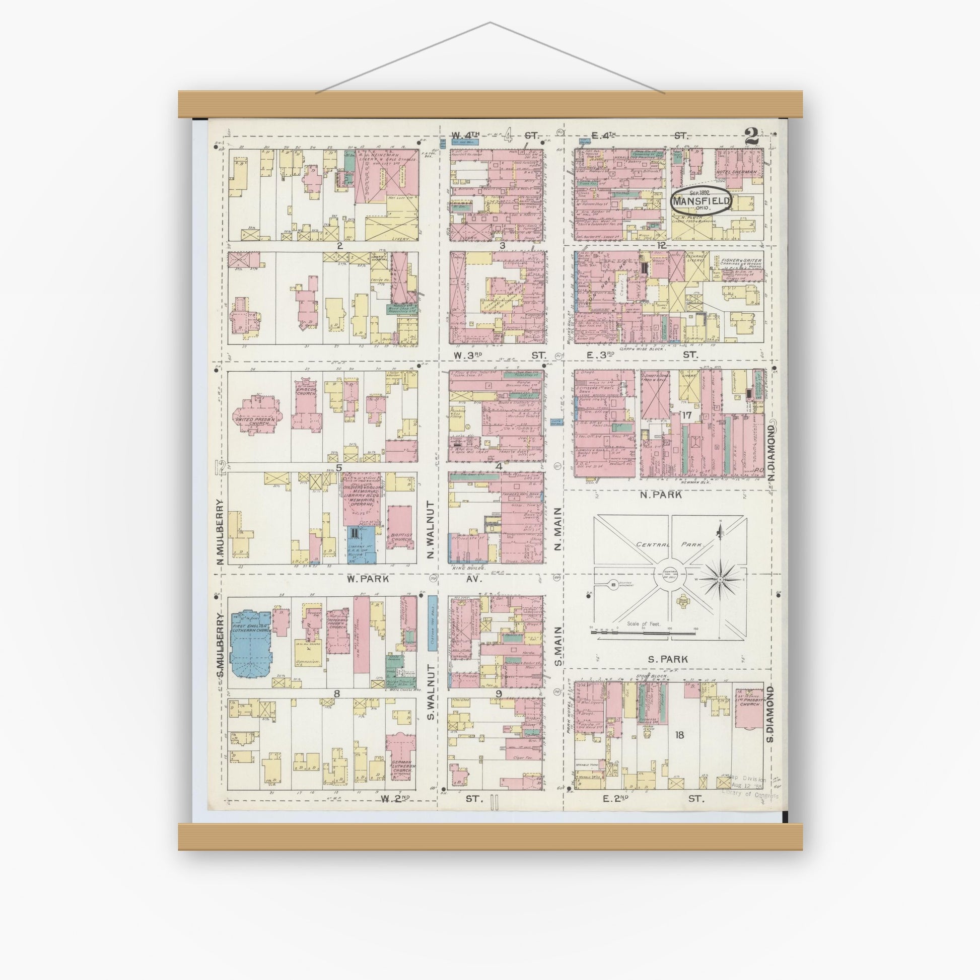 Old map wall art mockup — magnetic wood frame on white wall — Sanborn Fire Insurance Map from Mansfield, Richland County, Ohio (1892), Sheet #0002