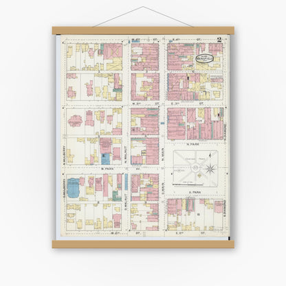Old map wall art mockup — magnetic wood frame on white wall — Sanborn Fire Insurance Map from Mansfield, Richland County, Ohio (1892), Sheet #0002