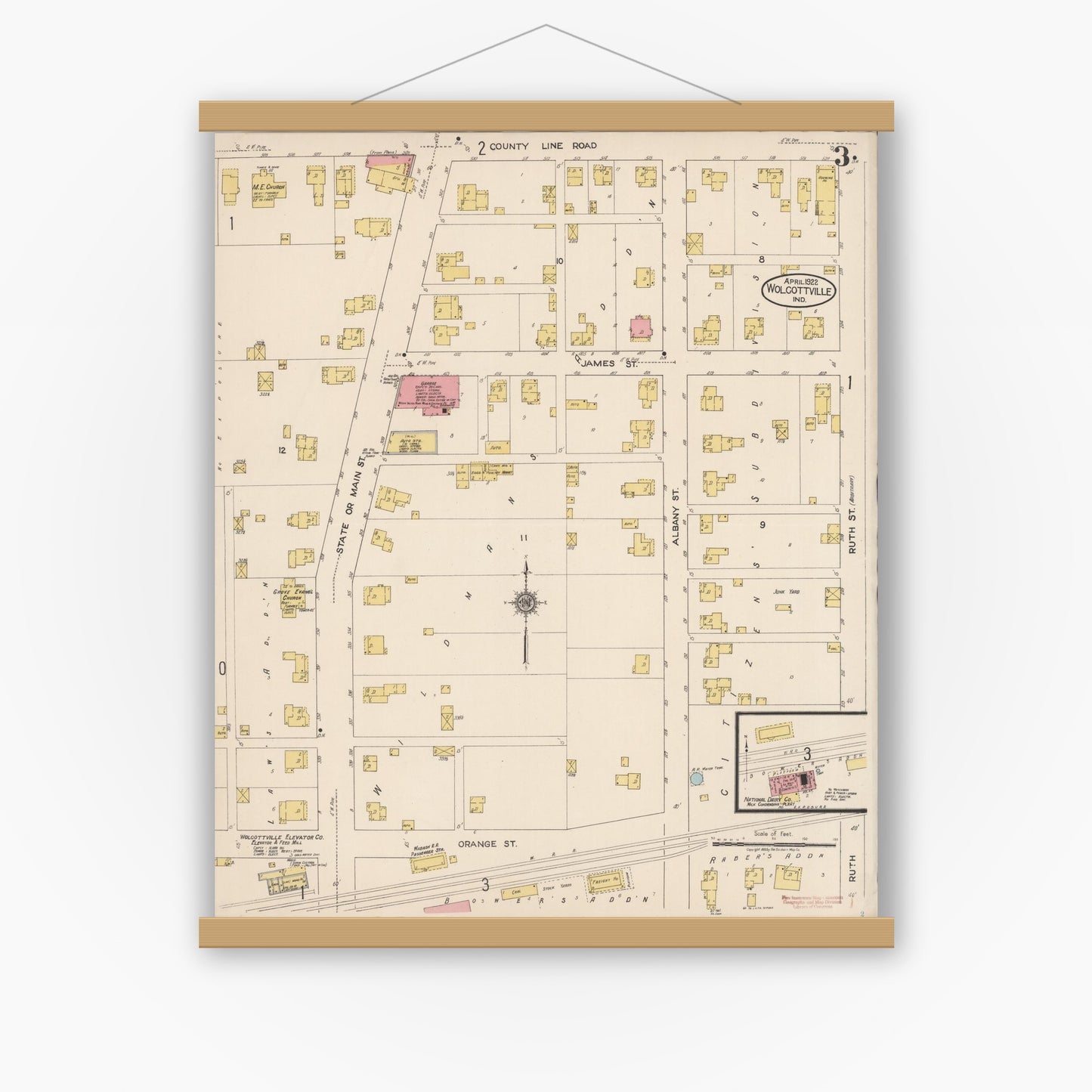 Old map wall art mockup — magnetic wood frame on white wall — Sanborn Fire Insurance Map from Wolcottville, Noble And LaGrange Counties, Indiana (1922), Sheet #0003
