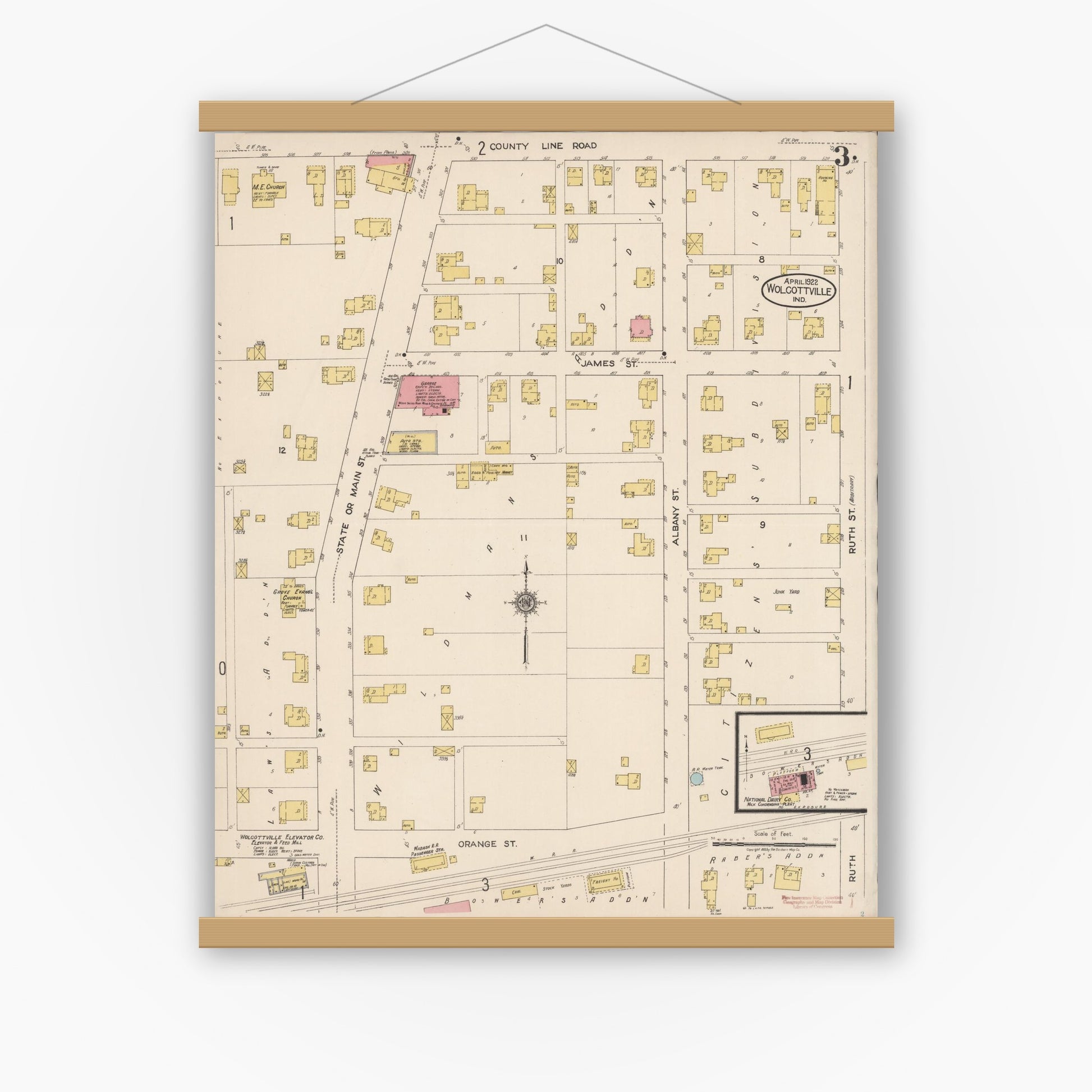 Old map wall art mockup — magnetic wood frame on white wall — Sanborn Fire Insurance Map from Wolcottville, Noble And LaGrange Counties, Indiana (1922), Sheet #0003