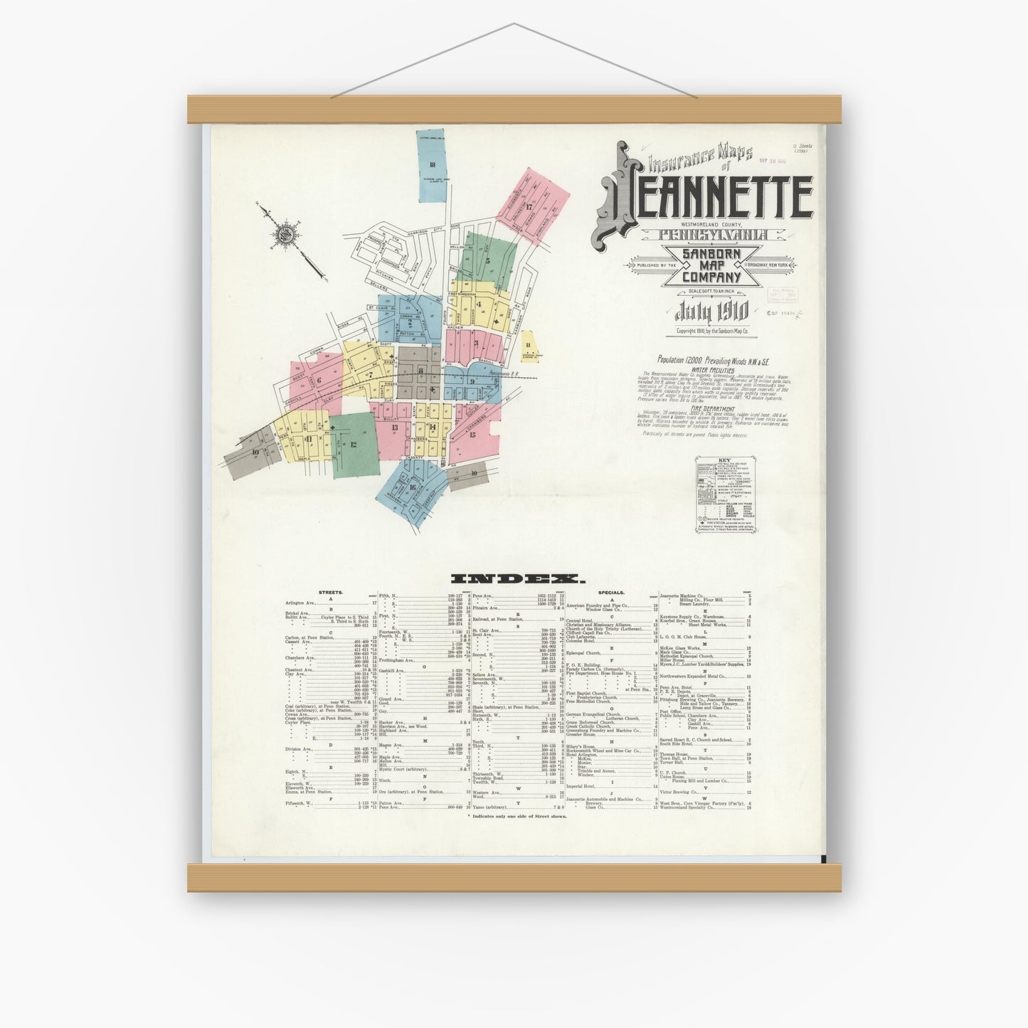 Old map wall art mockup — magnetic wood frame on white wall — Sanborn Fire Insurance Map from Jeannette, Westmoreland County, Pennsylvania (1910), Sheet #0001