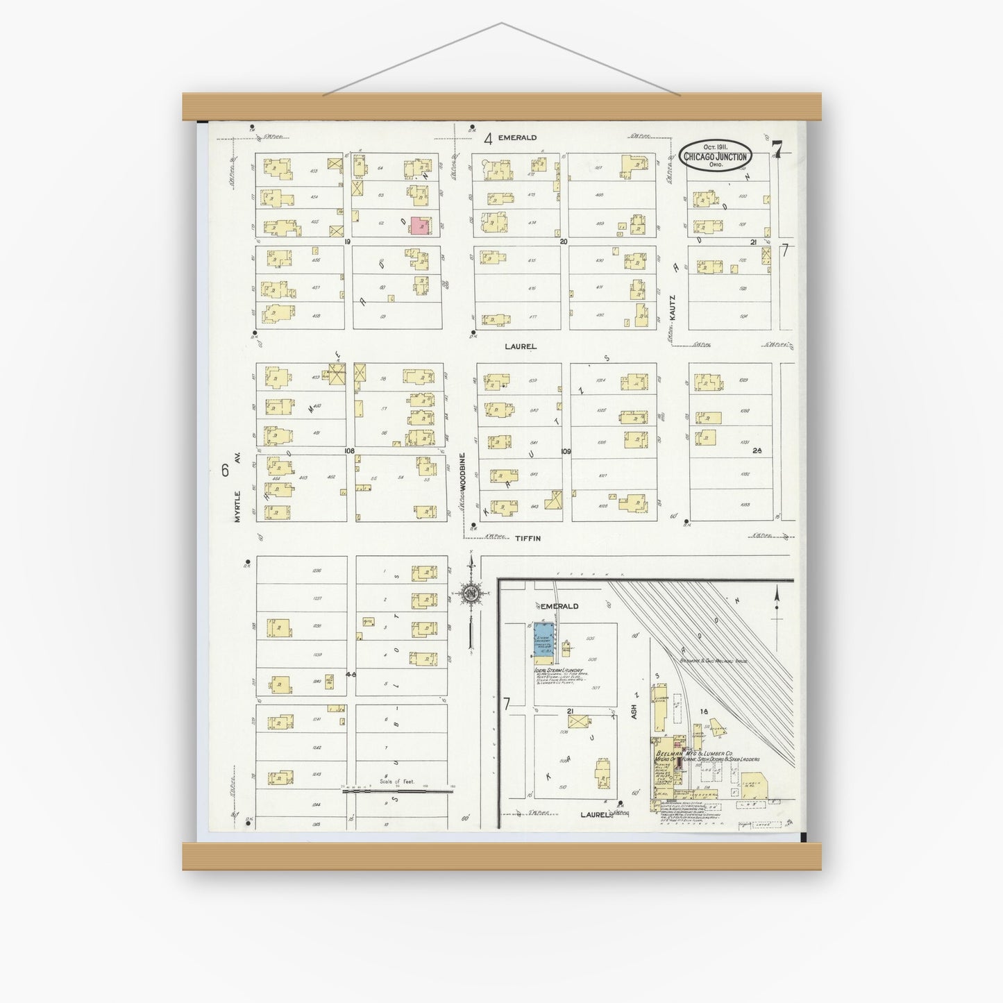 Old map wall art mockup — magnetic wood frame on white wall — Sanborn Fire Insurance Map from Chicago Junction, Huron County, Ohio (1911), Sheet #0007
